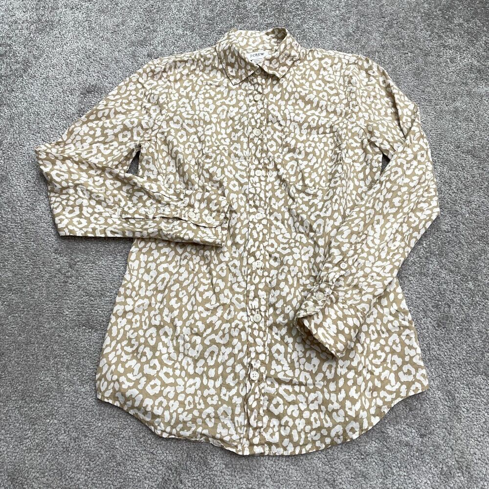 J.Crew Animal Print Button Down Shirt Womens XXS Brown White Long Sleeve Cotton